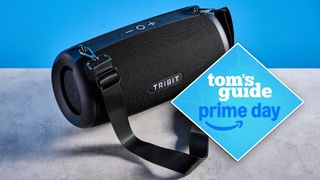 Tribit StormBox Lava Bluetooth Speaker photographed in front of a blue background. 