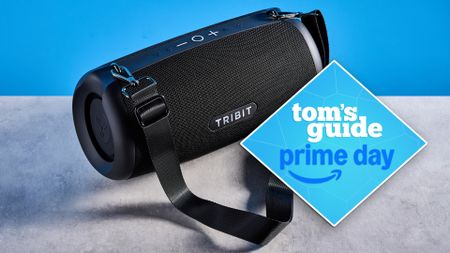 Tribit StormBox Lava Bluetooth Speaker photographed in front of a blue background. 