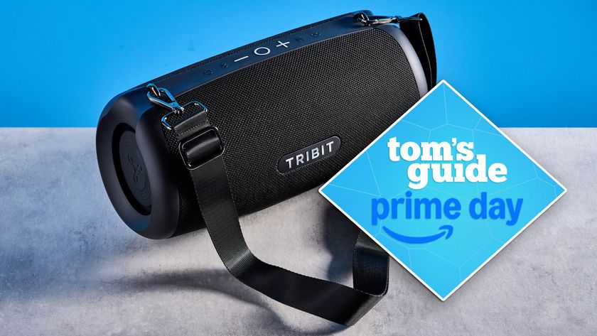 Tribit StormBox Lava Bluetooth Speaker photographed in front of a blue background. 