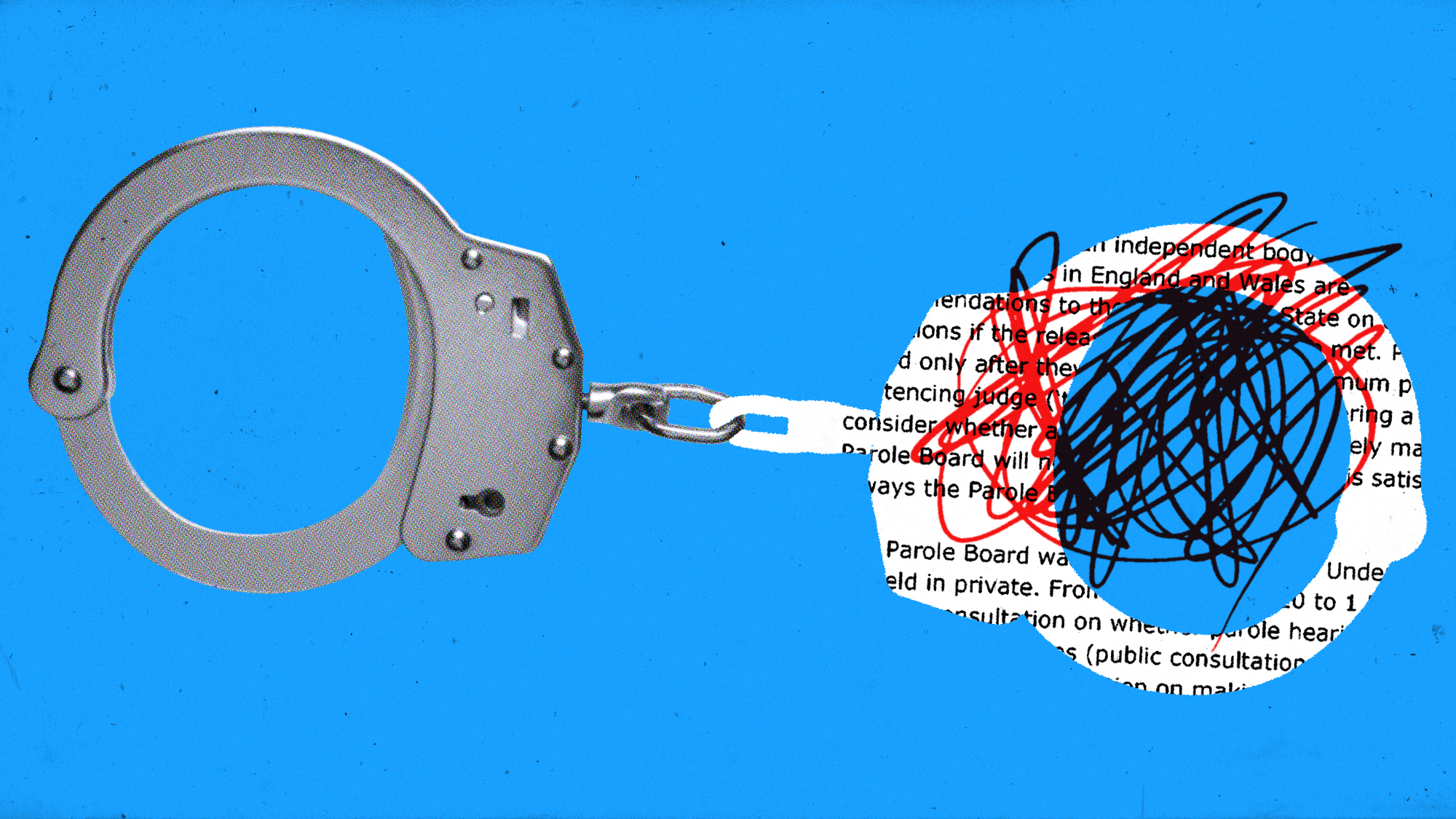 Illustration of handcuffs scribbled out and inlaid with parole board documentation