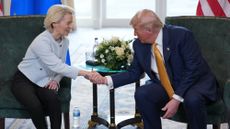 President of the European Commission Ursula von der Leyen shakes hands with U.S. President Donald Trump during a meeting at Trump Turnberry golf club