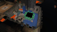 End portal in a Minecraft stronghold with all twelve Eyes of Ender in place, surrounded by stone brick walls, water and lava
