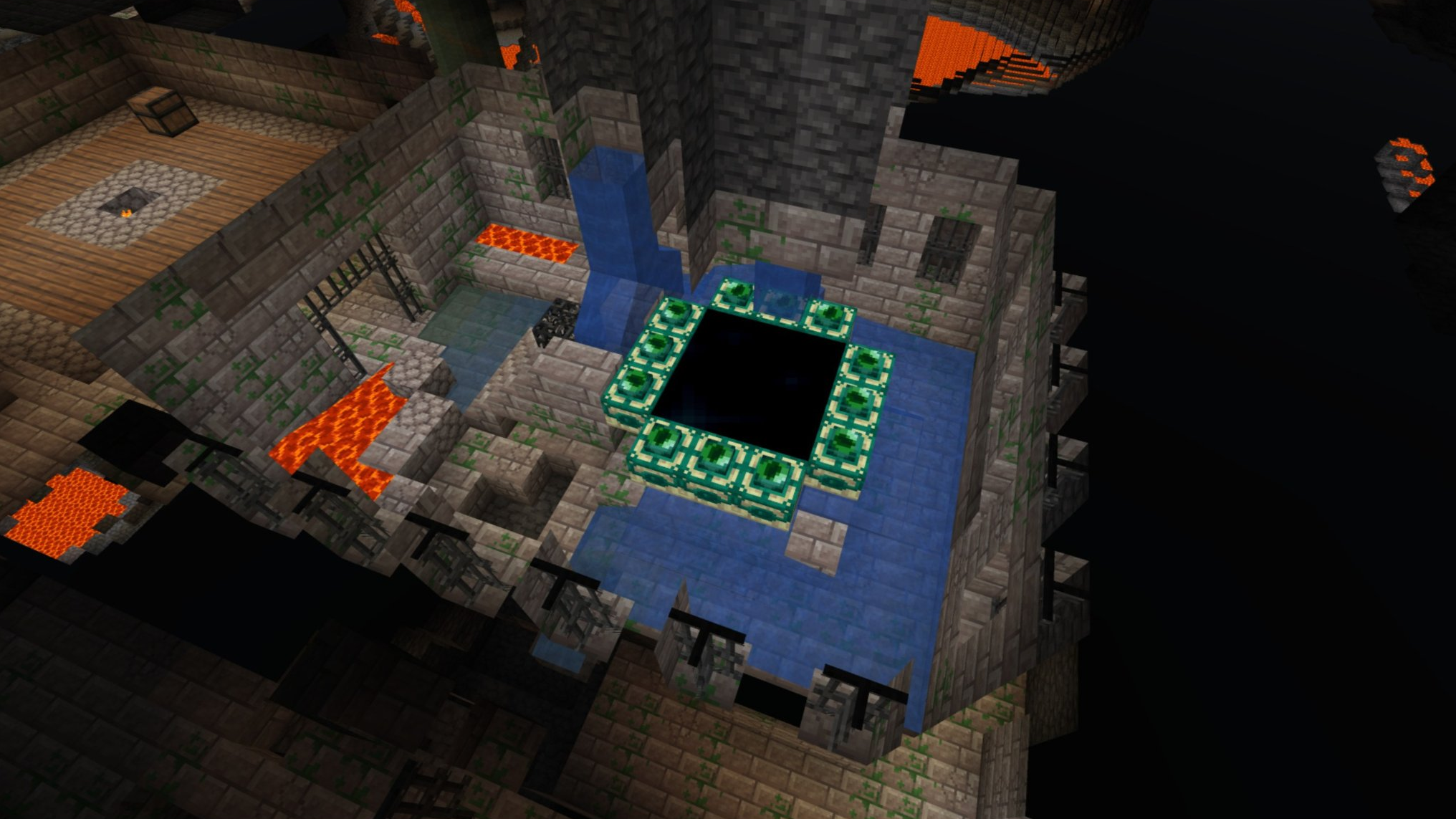 End portal in a Minecraft stronghold with all twelve Eyes of Ender in place, surrounded by stone brick walls, water and lava