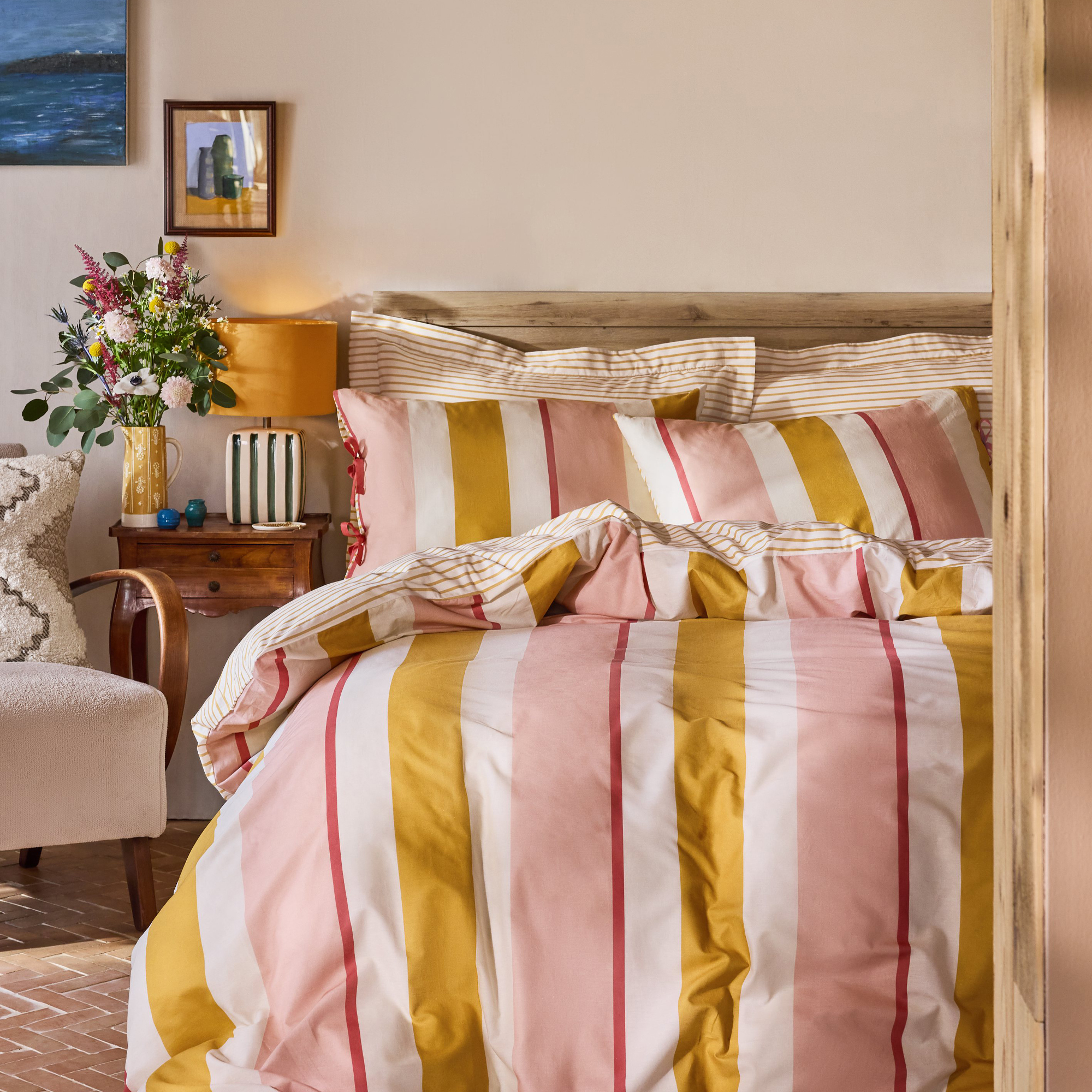 FatFace pink and ocre striped bedding collection