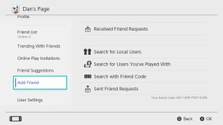 Nintendo Switch Add Friend menu