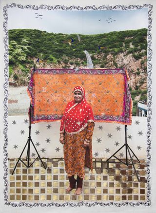 ‘Arifa Bano’ by Spandita Malik, 2023. Photographic transfer print on khadi, zardozi and gota-patti embroidery, beadwork, mirror work.