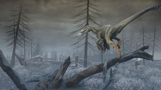 Paleoart image depicts North Dakota in the first months following the Chicxulub impact, showing a dark, dusty, and cold world in which the last non-avian dinosaurs, illustrated with a Dakotaraptor steini, were on the edge of extinction.