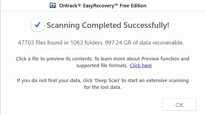 Scanning completed with Ontrack EasyRecovery