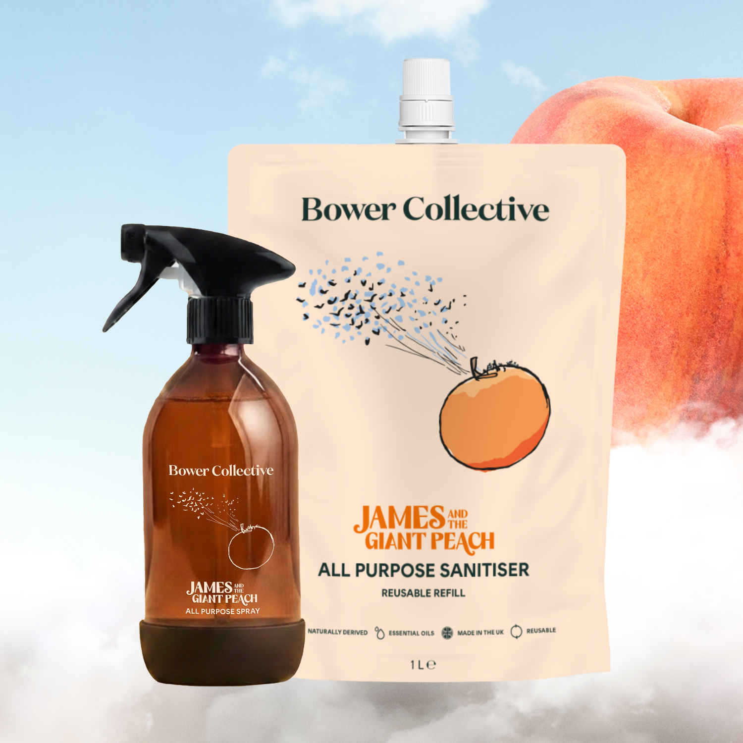 Bower All Purpose Sanitiser Spray - James and the Giant Peach - Reusable Bottle (500ml) &amp;amp; Refill (1l)
