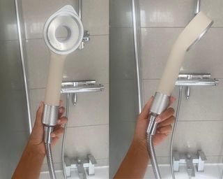 Front and side profile of the Hello Klean showerhead in Christina Chrysostomou's bathroom