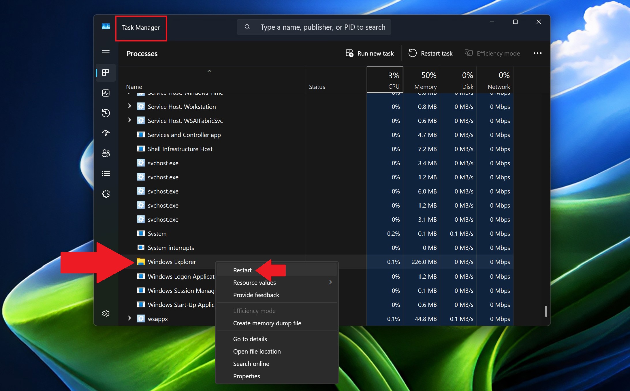 Windows Task Manager open with 'Processes' tab selected. Context menu on 'Windows Explorer' shows 'Restart' option highlighted by red arrows.
