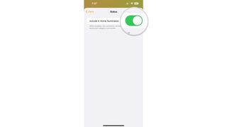 How to monitor and adjust the status of HomeKit accessories on an iPhone by showing steps: Tap the toggle for Include in Home Summaries.