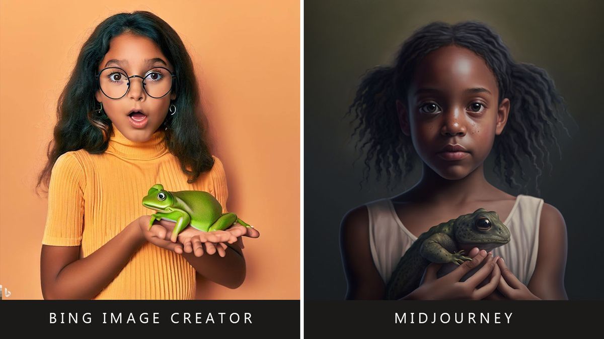 Bing Image Creator vs Midjourney: Girl holding a frog prompt.