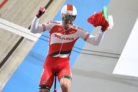 Belarus' Yauheni Karaliok celebrates after winning the men's Scratch final during the UCI Track Cycling World Championships in Apeldoorn