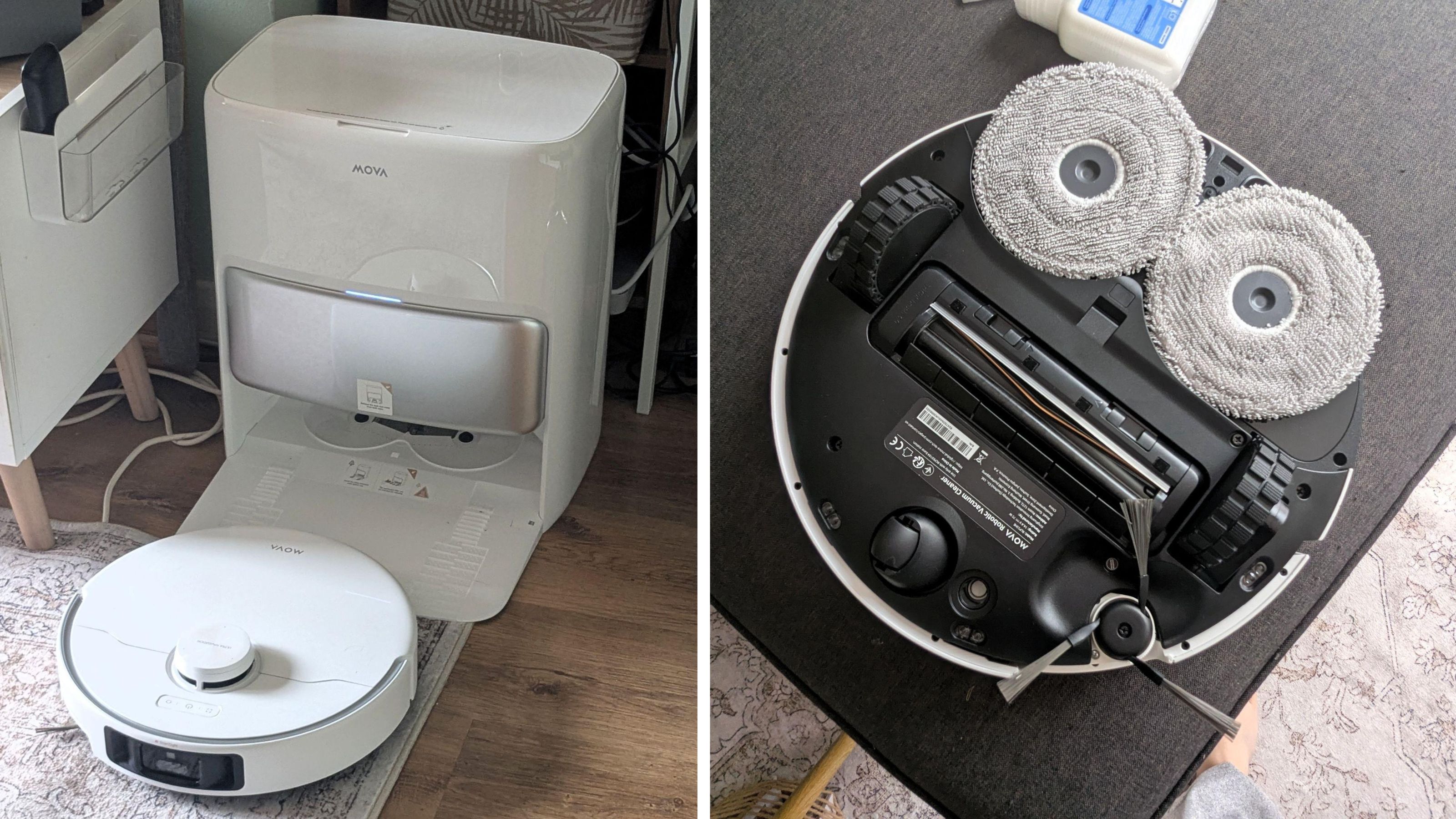 MOVA P50 Pro Ultra Robot Vacuum and docking station on the left, and the underside of the bot showing off the mop pads on the right