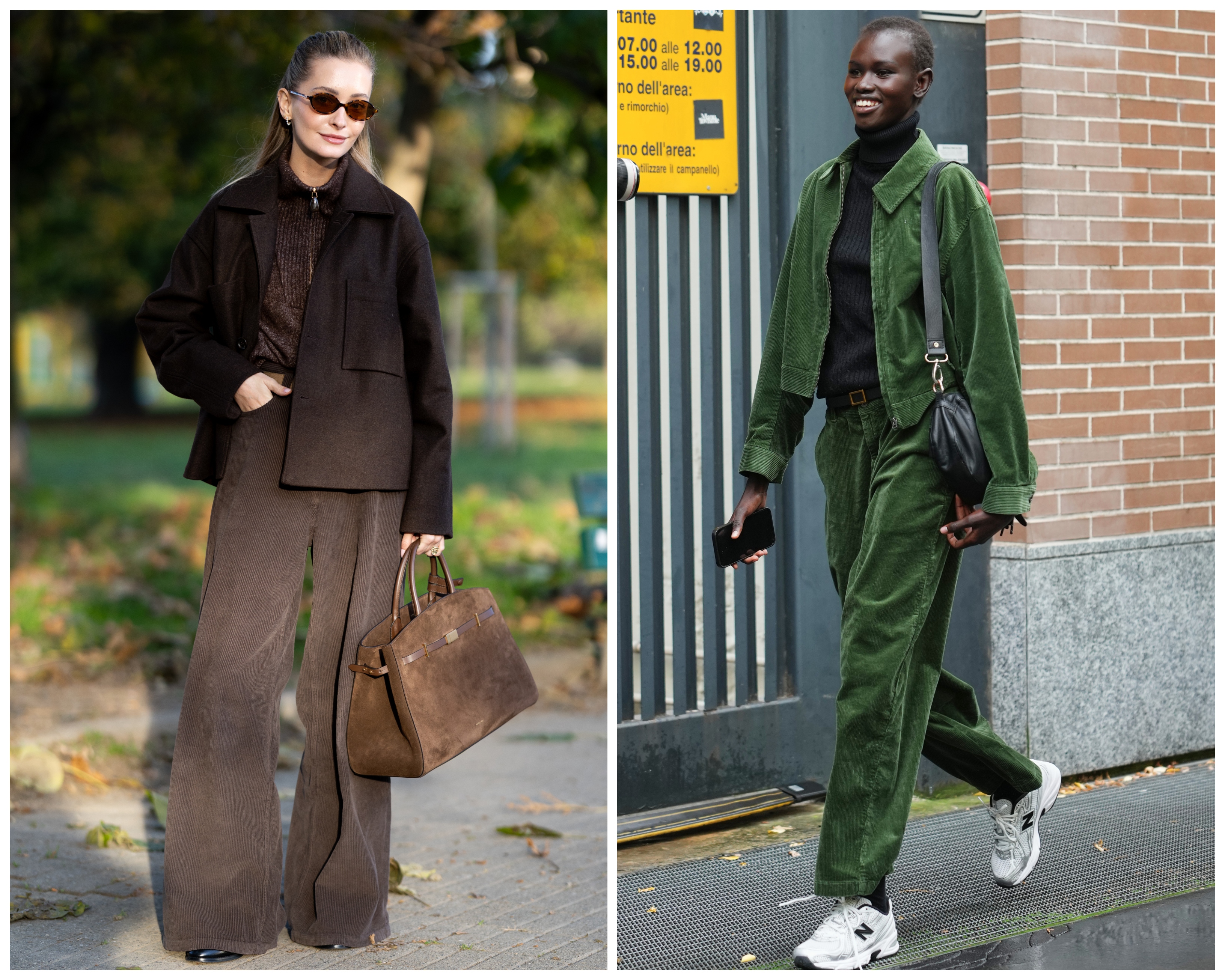 woman wearing brown corduroy pants; woman wearing olive green corduroy pants