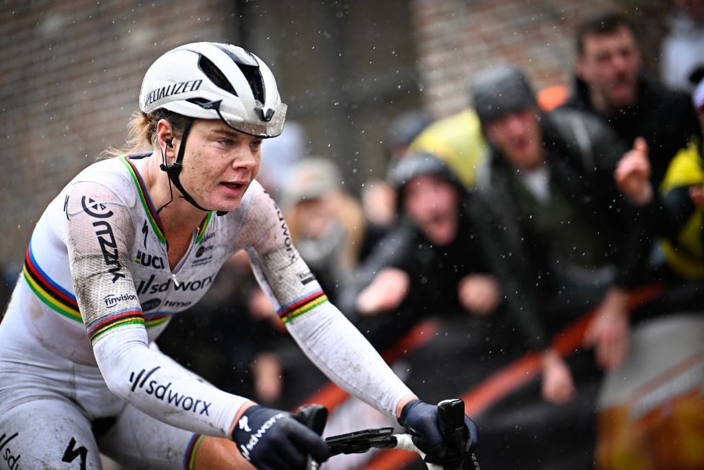 Belgian Lotte Kopecky of SD Worx - Protime pictured in action during the women's race of the 'Ronde van Vlaanderen/ Tour des Flandres/ Tour of Flanders' one day cycling event, 163km with start and finish in Oudenaarde, Sunday 31 March 2024. BELGA PHOTO JASPER JACOBS (Photo by JASPER JACOBS / BELGA MAG / Belga via AFP)
