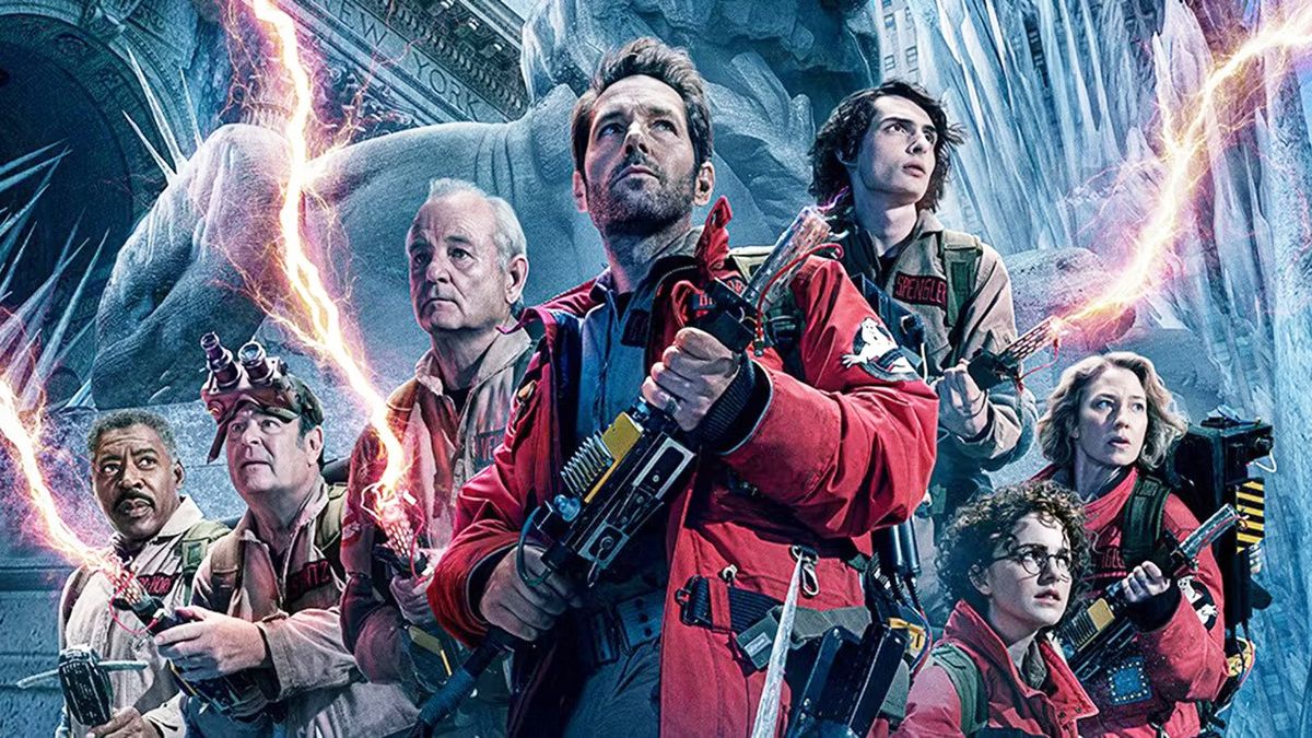 (L to R) Ernie Hudson, Dan Aykroyd, Bill Murray, Paul Rudd, Finn Wolfhard, Mckenna Grace and Carrie Coon in &quot;Ghostbusters: Frozen Empire&quot; poster