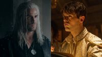 From left to right: Liam Hemsworth as Geralt and Joey Batey as Jaskier.