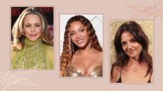 Three celebrities with coffee hair colors, Rachel McAdams, Beyonce and Katie Holmes