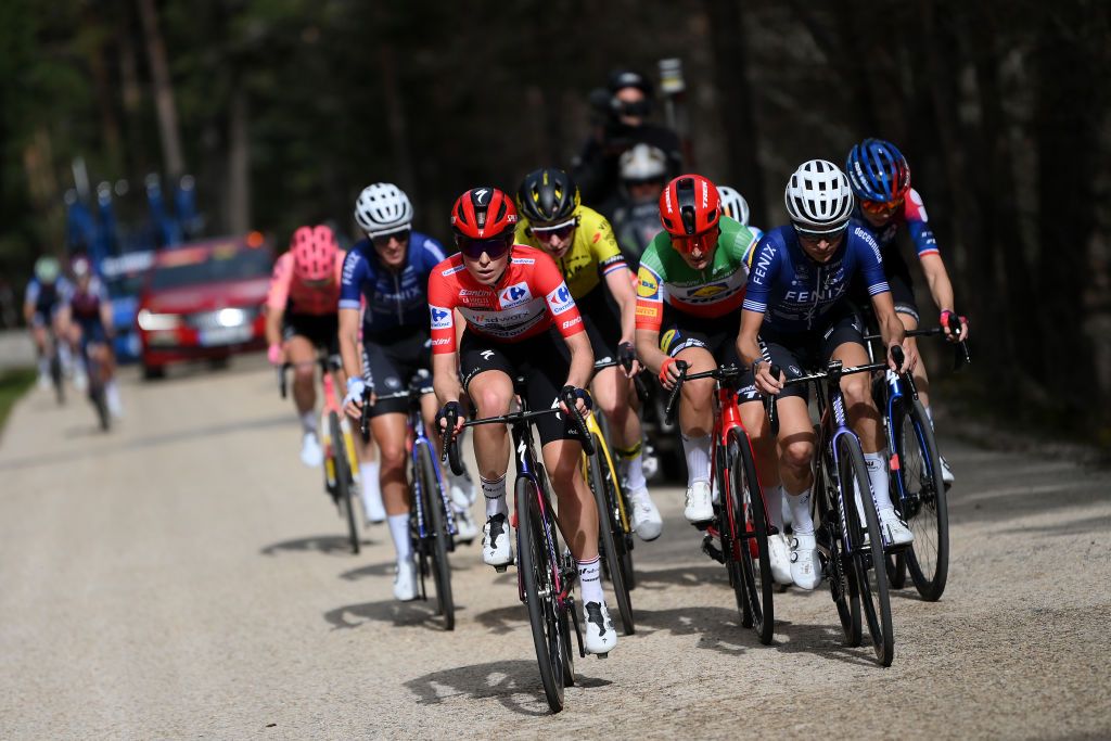 VINUESA SPAIN MAY 03 LR Demi Vollering of The Netherlands and Team SD Worx Protime Red Leader Jersey Elisa Longo Borghini of Italy and Team Lidl Trek Yara Kastelijn of The Netherlands and Team FenixDeceuninck and Evita Muzic of France and Team FDJ SUEZ compete in the breakaway during the 10th La Vuelta Femenina 2024 Stage 6 a 1321km stage from Tarazona to La Laguna Negra Vineuesa 1722m UCIWT on May 03 2024 in Vineuesa Spain Photo by Alex BroadwayGetty Images