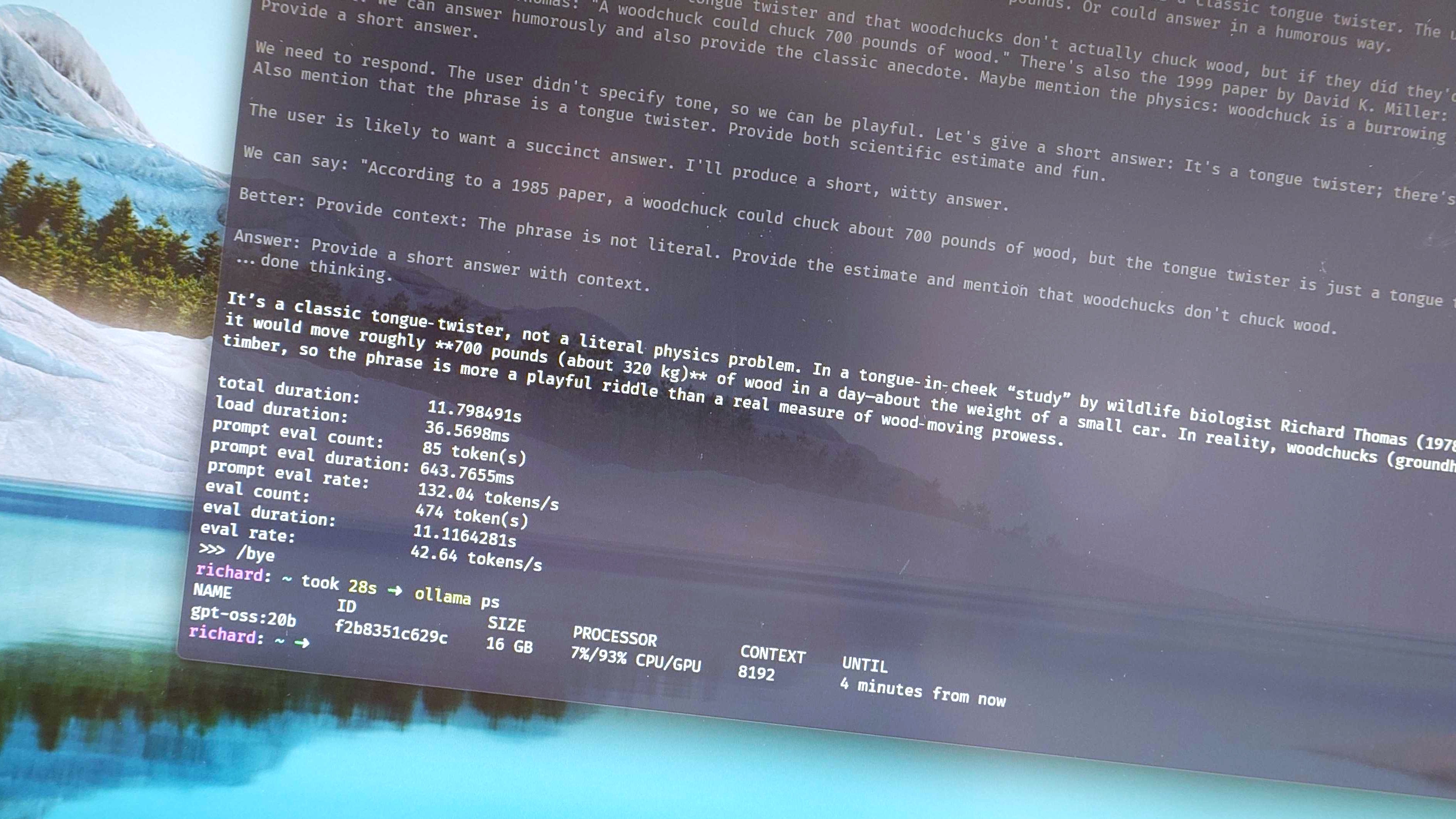 Ollama stats in Windows Terminal showing eval rate and the split of CPU and GPU being used.