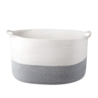 A gray and white storage basket