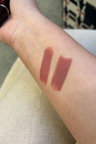 swatches of the old and new MAC Velvet Teddy on Tori's arm