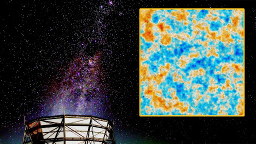 A photograph of the Atacama Cosmology Telescope in Chile overlaid with a figure from its final data release. The figure shows the direction of magnetic polarization in microwaves from some of the earliest epochs of the universe.