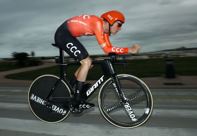 Nathan Van Hooydonck (CCC Team) in full flight during the stage 7 time trial at the 2019 Tirreno-Adriatico