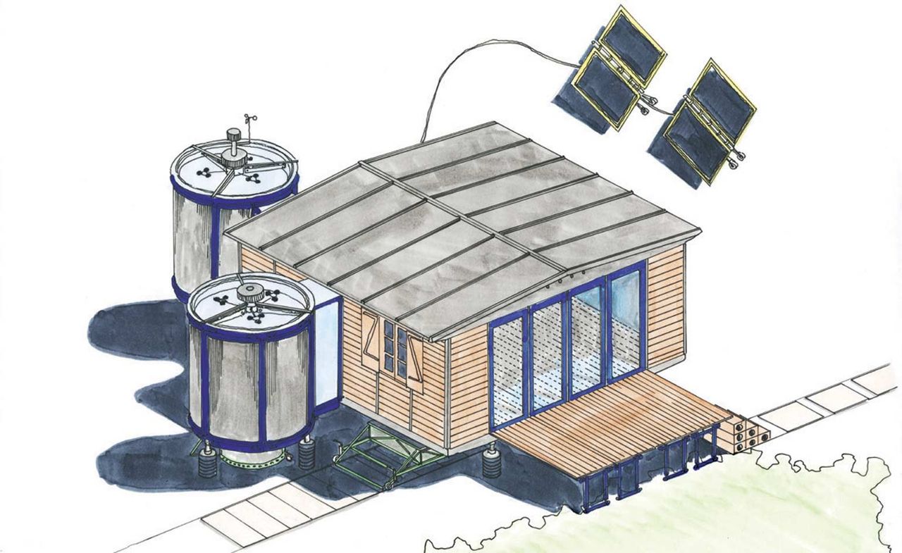 Colourful illustration of Prouvé&#039;s demountable houses