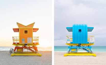 orange and blue Miami Beach lifeguard towers