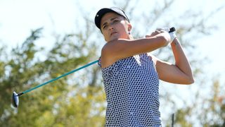 Lexi Thompson of the United States plays her shot from the 17th tee during the final round of The Ascendant LPGA benefiting Volunteers of America at Old American Golf Club on October 08, 2023 in The Colony, Texas.