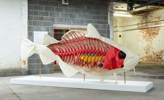 A giant paper codfish sculpture