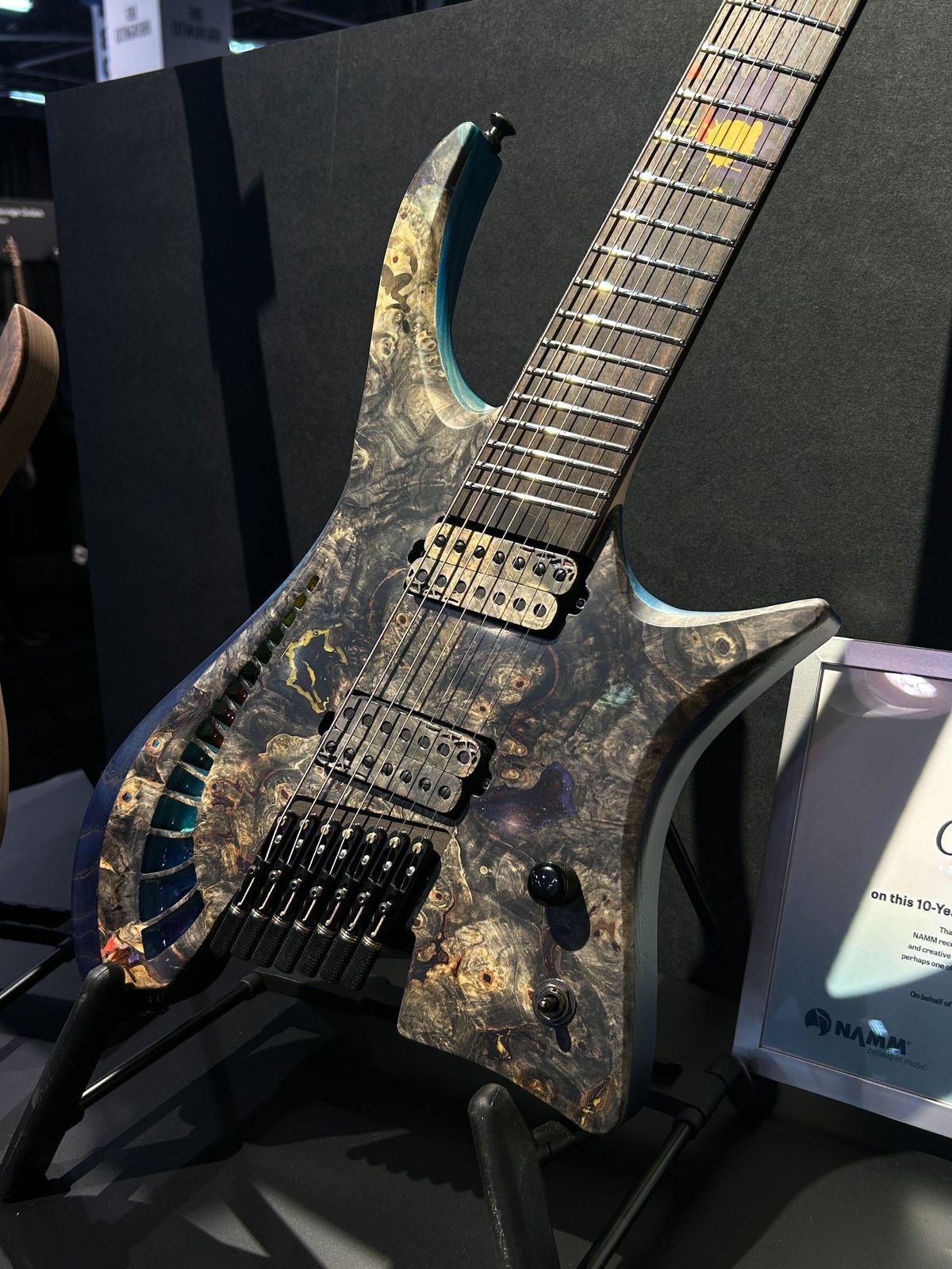 A guitar showcased at the Boutique Guitars Showcase at the 2026 NAMM show