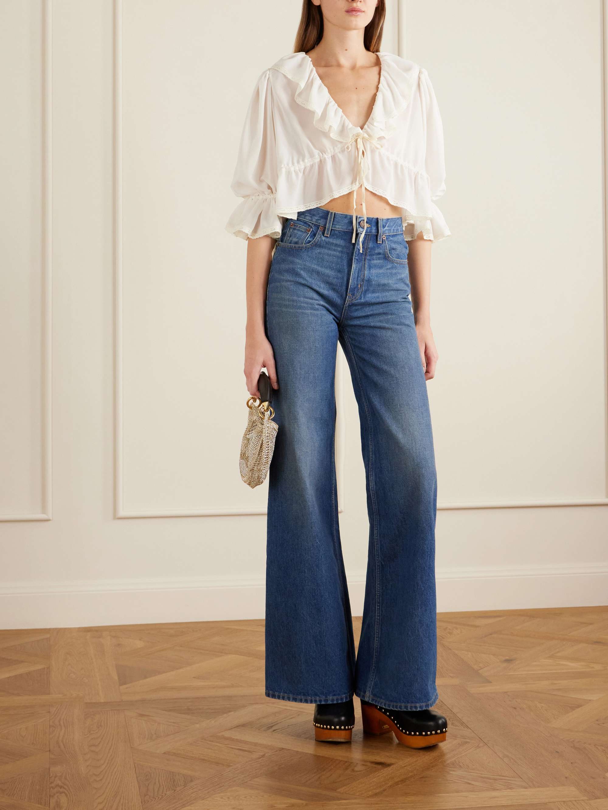 Lace-Trimmed Ruffled Silk-Georgette Blouse