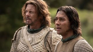 Elendil (Lloyd Owen) and Isildur (Maxim Baldry) in The Rings of Power