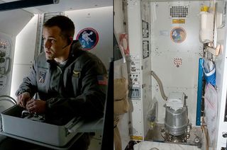 Ryan Reynolds, as Rory Adams, in "LIFE" (at left) works on fixing the shower inside the Waste and Hygiene Compartment (WHC) on the space station. At right, the real WHC.