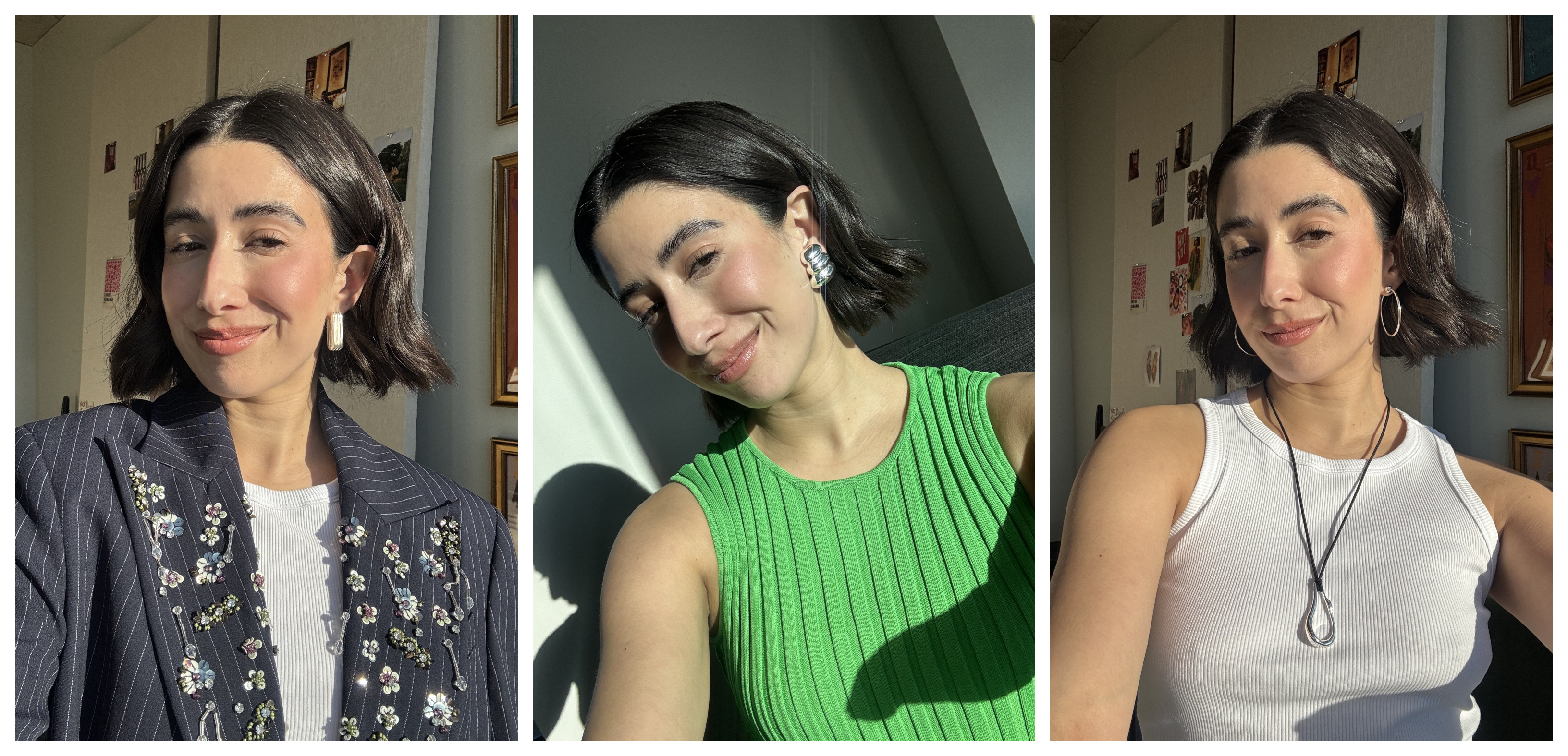 April Lockhart wearing statement earrings in various poses