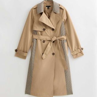 Beige Check Trimmed Trench Coat