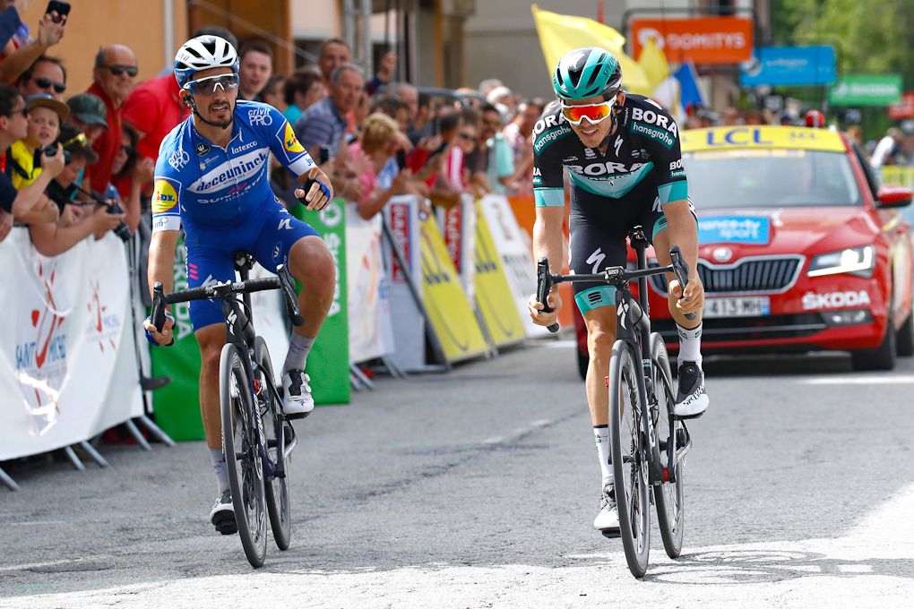 Julian Alaphilippe (Deceuninck-Quick Step) beats Gregor Muhlberger (Bora-Hansgrohe) to win stage 6 at Criterium du Dauphine