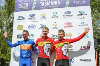 Stage 1 podium of Anthony Giacoppo (Avanti Racing), Sean Lake and Michael Schweizer (African Wildlife Safaris Cycling Team)