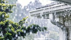 Drenching downpour rain storm water is overflowing off the tile shingle roof - streaming, rushing and splashing out over the overhanging eaves trough aluminum roof gutter system on a suburban residential colonial style house 