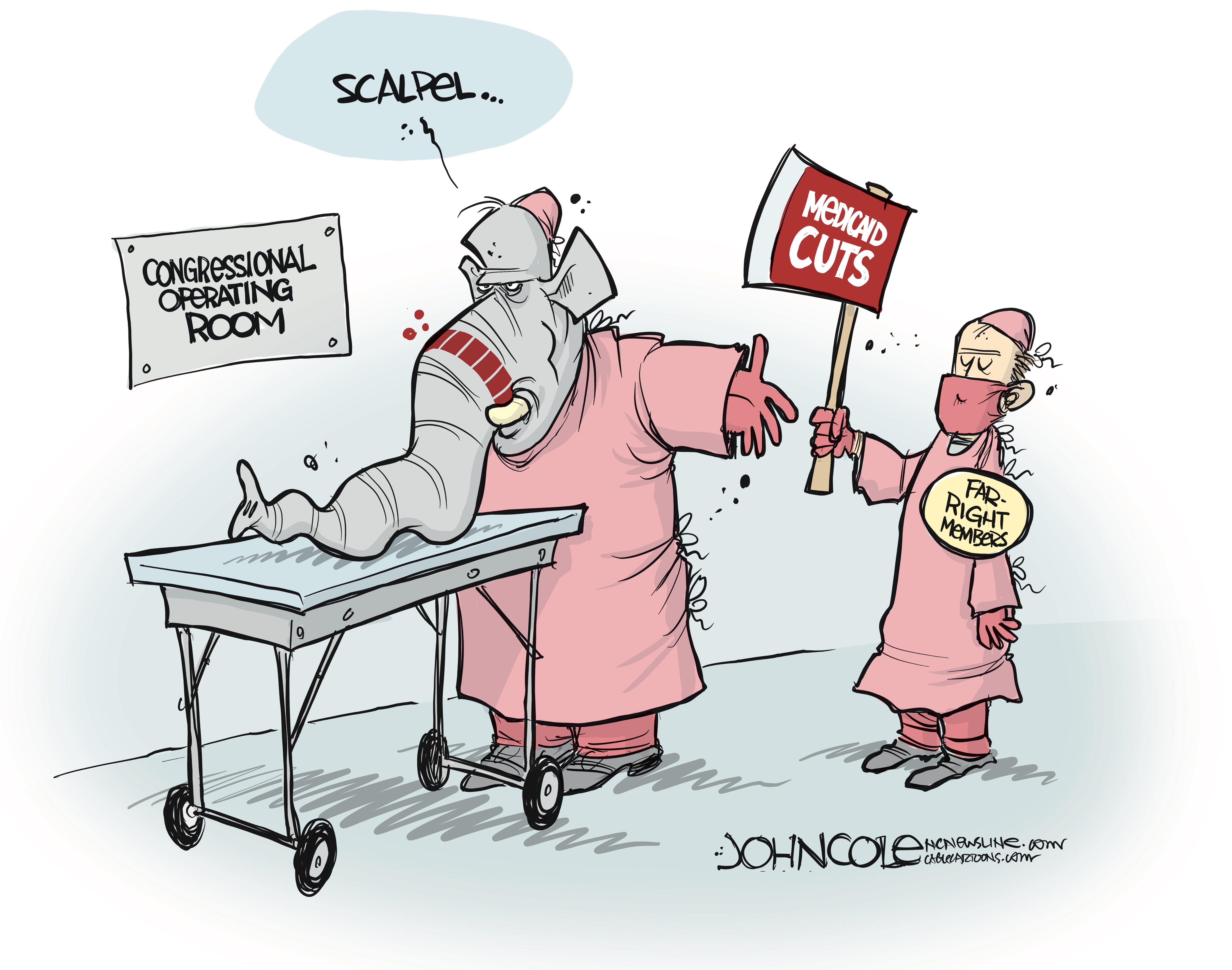 This cartoon, set in a "CONGRESSIONAL OPERATING ROOM," depicts an elephant doctor with its trunk on an operating table. He asks for a scalpel from a figure representing "FAR-RIGHT MEMBERS." The far-right figure instead hands the doctor a large axe with the words "Medicaid Cuts" written on it.