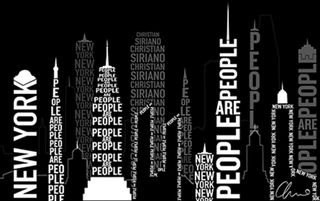 black and white New York city outline created with words flag designed by Christian Siriano