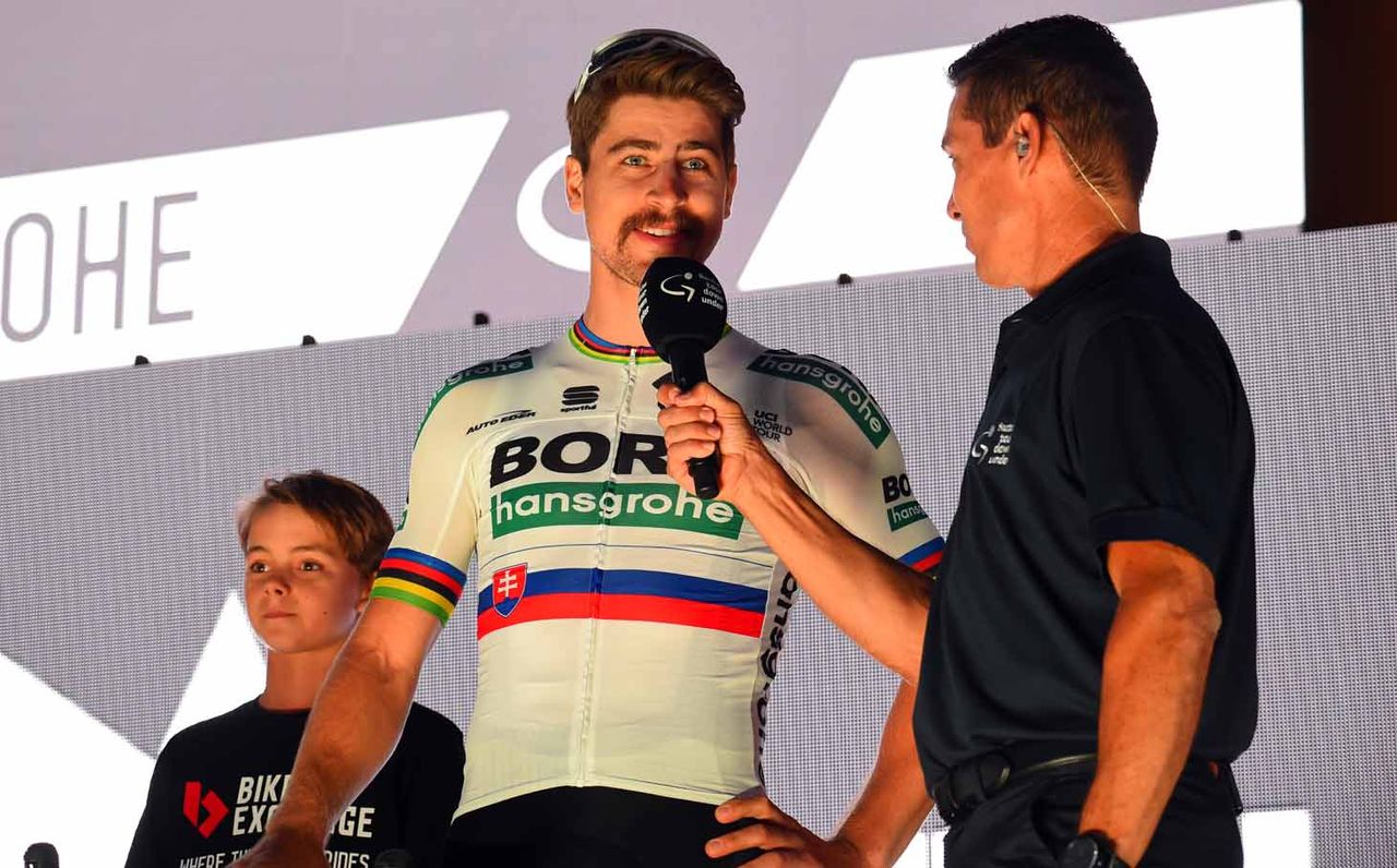 Peter Sagan speaks to Robbie McEwen at the 2019 Tour Down Under presentation.