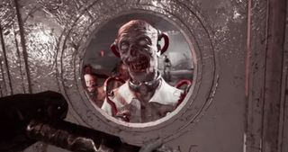 Atomic Heart - A zombie creature visible through a round window