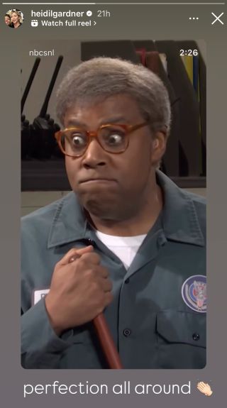 Kenan Thompson made a wide-eye face while holding a broom. Heidi Gardner commented "perfection all around [clapping emoji]".