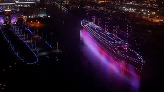 950 drones were used to ‘recreate’ the RMS Titanic in Belfast harbour, beside the Titanic Slipways in reference to the BBC series Titanic Sinks Tonight