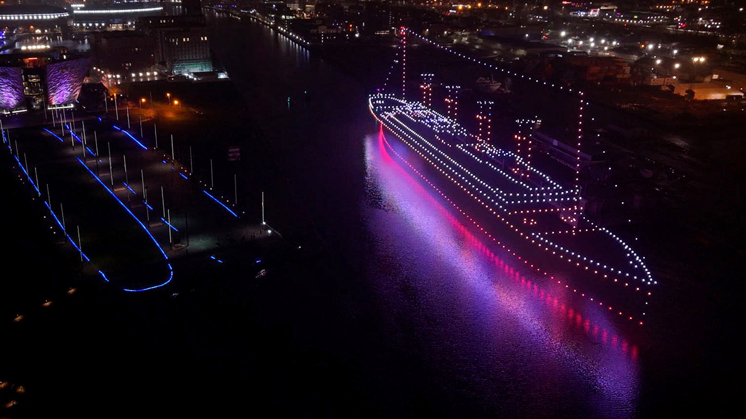950 drones were used to &lsquo;recreate&rsquo; the RMS Titanic in Belfast harbour, beside the Titanic Slipways in reference to the BBC series Titanic Sinks Tonight